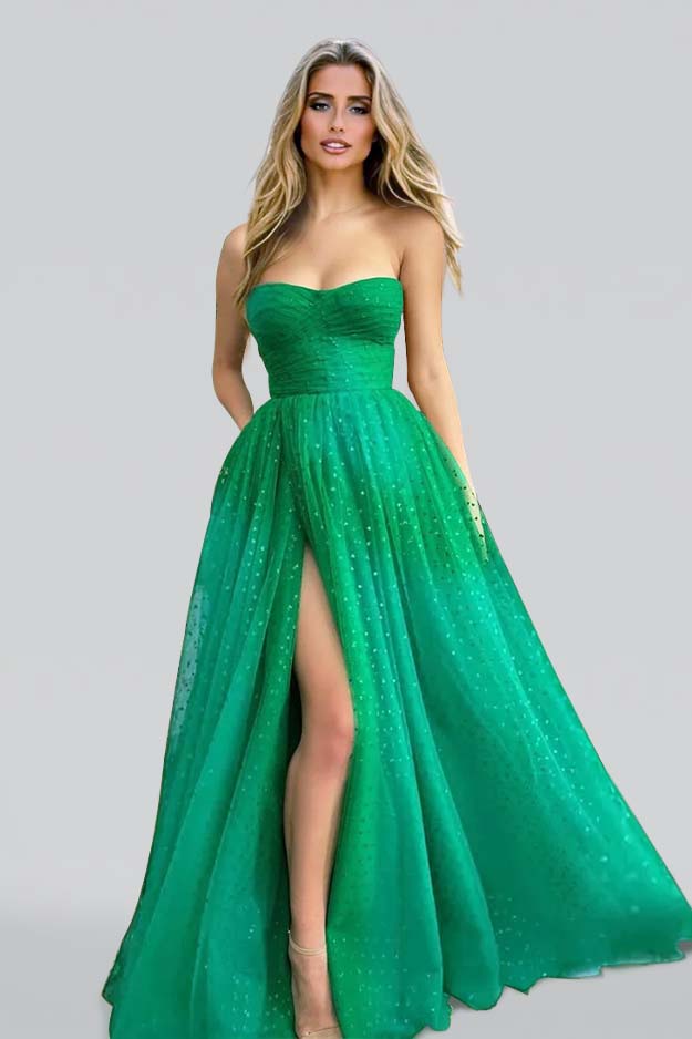  Glamorous Green Sleeveless Sweetheart Tulle Prom Dress with Split ED0465