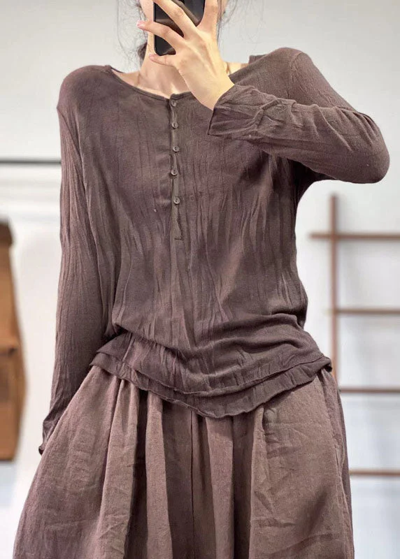 Women Coffee V Neck Wrinkled Layered Cotton Shirt Top Fall