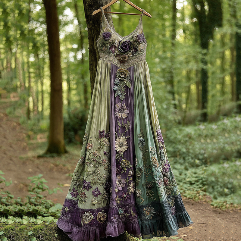 Comstylish Classy Gradient Purple Lavender And Floral Embroidered Linen Suspender Long Dress