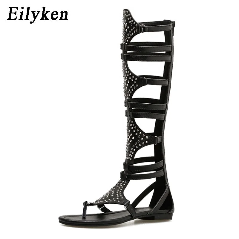 Eilyken Woman Gladiator Roman Sandals Rivet Open Toe Fringe Flat Heel Sandals Boot Women Leather Shoes size 35-40