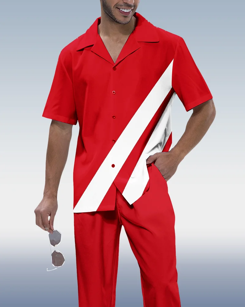 Suitmens Men's Red Walking Suit 2 Piece Short Sleeve Set