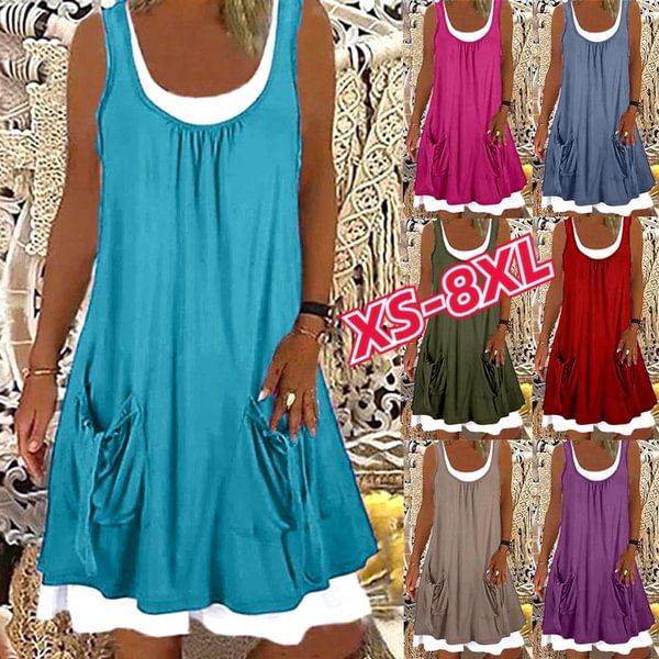 XS-8XL Summer Dress Plus Size Fashion Clothes Women's Casual Beach Wear Sleeveless Tank Top Dresses with Pockets Ladies Off Shoulder Stiching Layered Party Dress O-neck Cotton Blending Loose Dress - Shop Trendy Women's Fashion | TeeYours