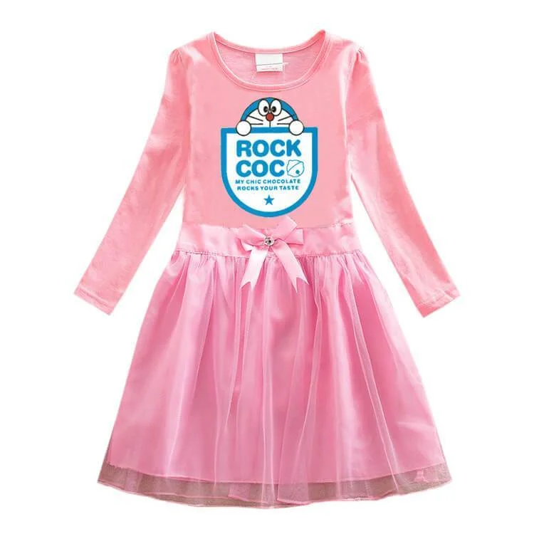 Doraemon Rock Coco Print Girls Long Sleeve Cotton Bows Tulle Dress-Mayoulove