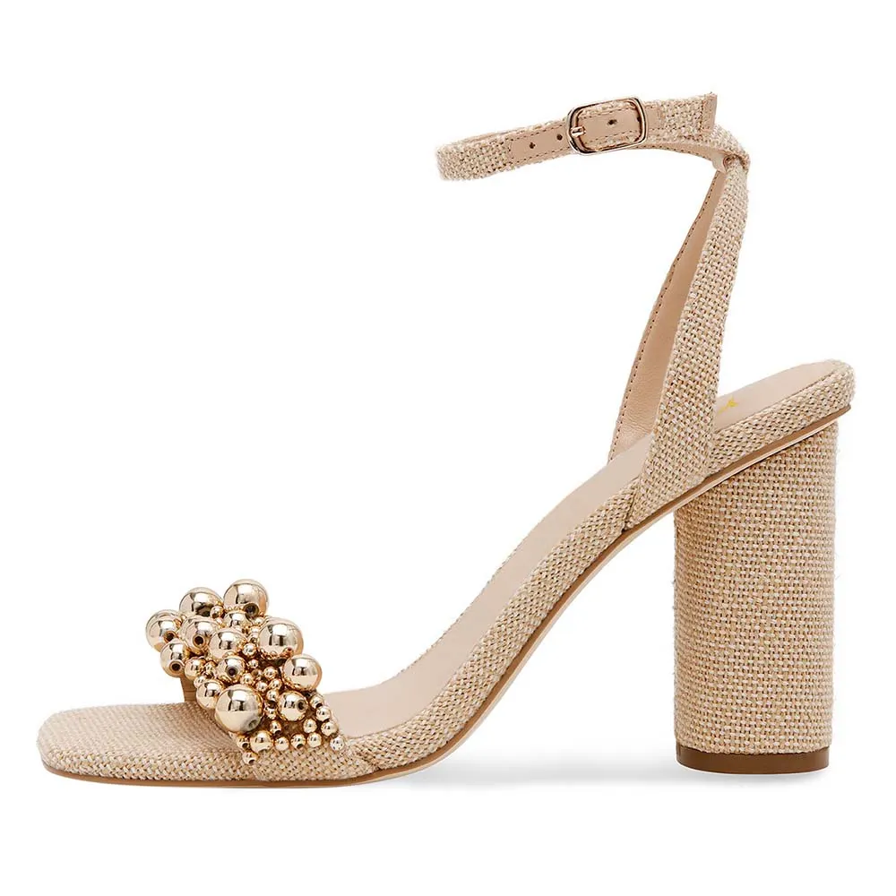 Beige Linen Open Toe Ankle Strap High Heels Sandals with Beads