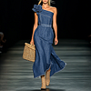  Denim Off-Shoulder Maxi Dress with Embellished Flower and Woven Bag by Inlyline
