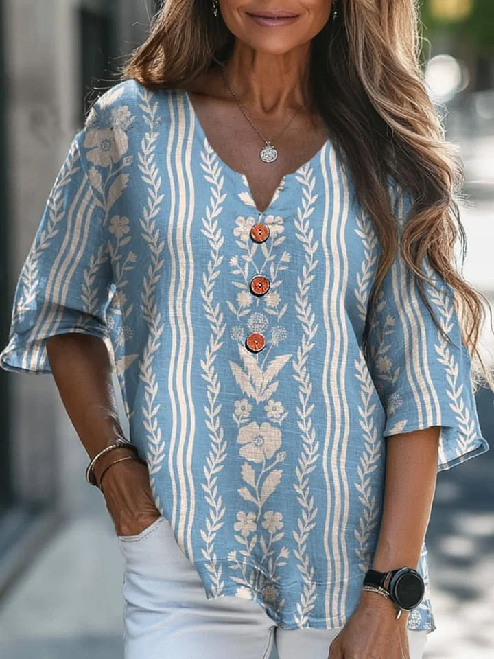 Spring Dandelion And Wave Pattern Printed Women's Casual Linen V-Neck Shirt