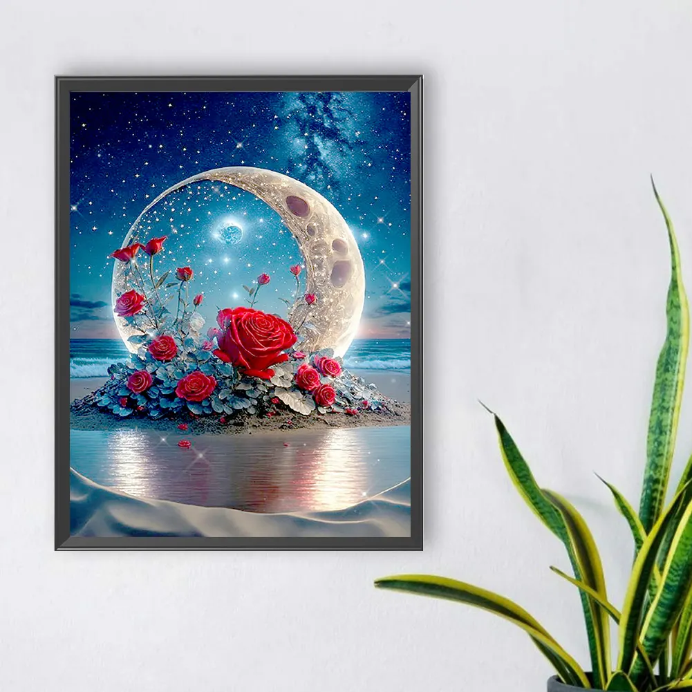 Full Round Diamond Painting 30*40cm - Red Roses Under The Moon