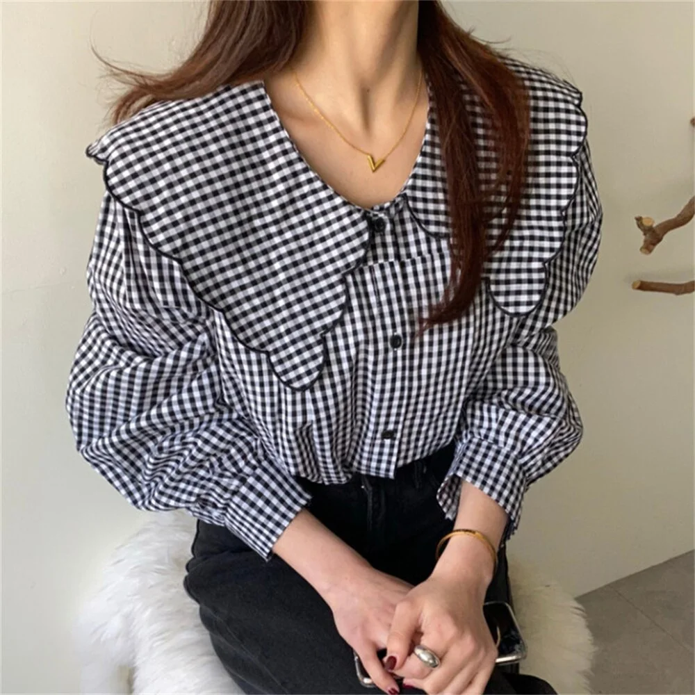 Jangj Alien Kitty Black Plaid Hot Girls Sweet Women Shirts Peter Pan Collar New Arrival 2022 Stylish Korean Chic Work Wear Blouses