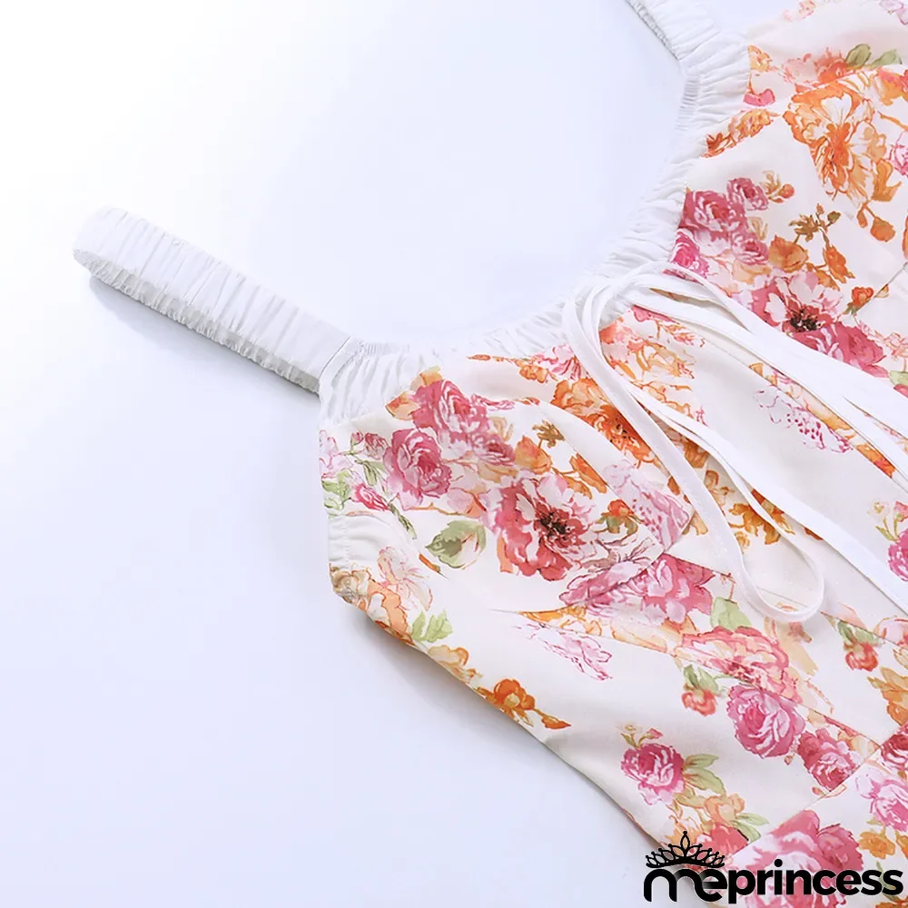 Straps Sexy Slit Floral Dress Women Summer Chic Slim Waist Slim Fit Long Dress