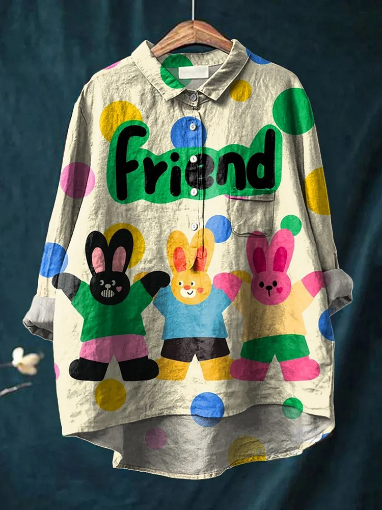 Vintage Lovely Rabbits Friend Art Print Casual Cotton And Linen Shirt