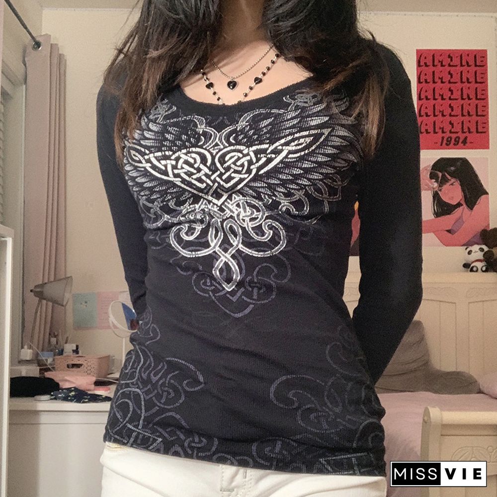 Goth Print Cute Graphic T Shirts Women Black Techwear Long Sleeve Basic Autumn Tops Cropped Tee Shirt E Girl Streetwear