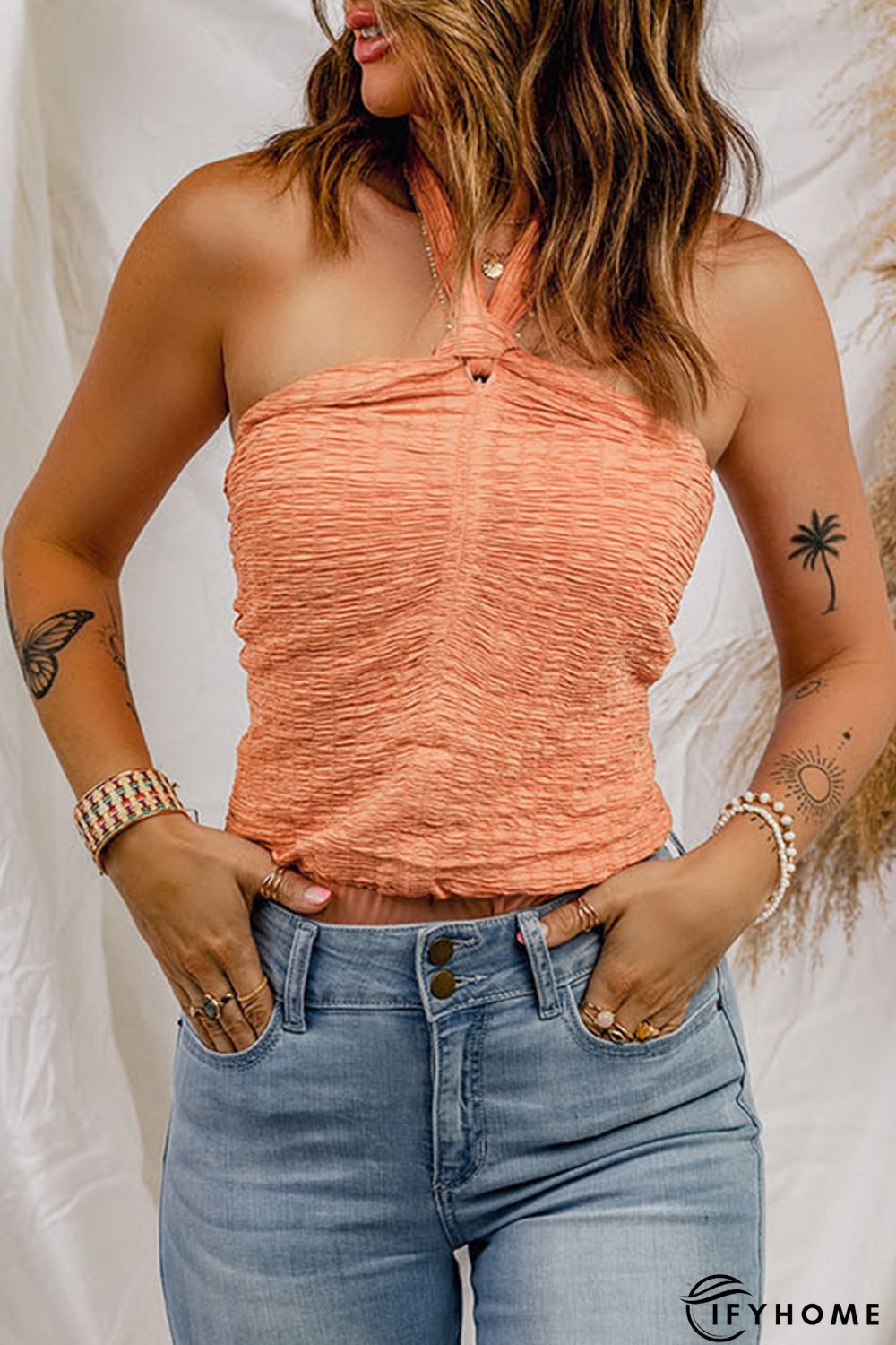 Orange Shirred Open Back Halter Tank Top | IFYHOME