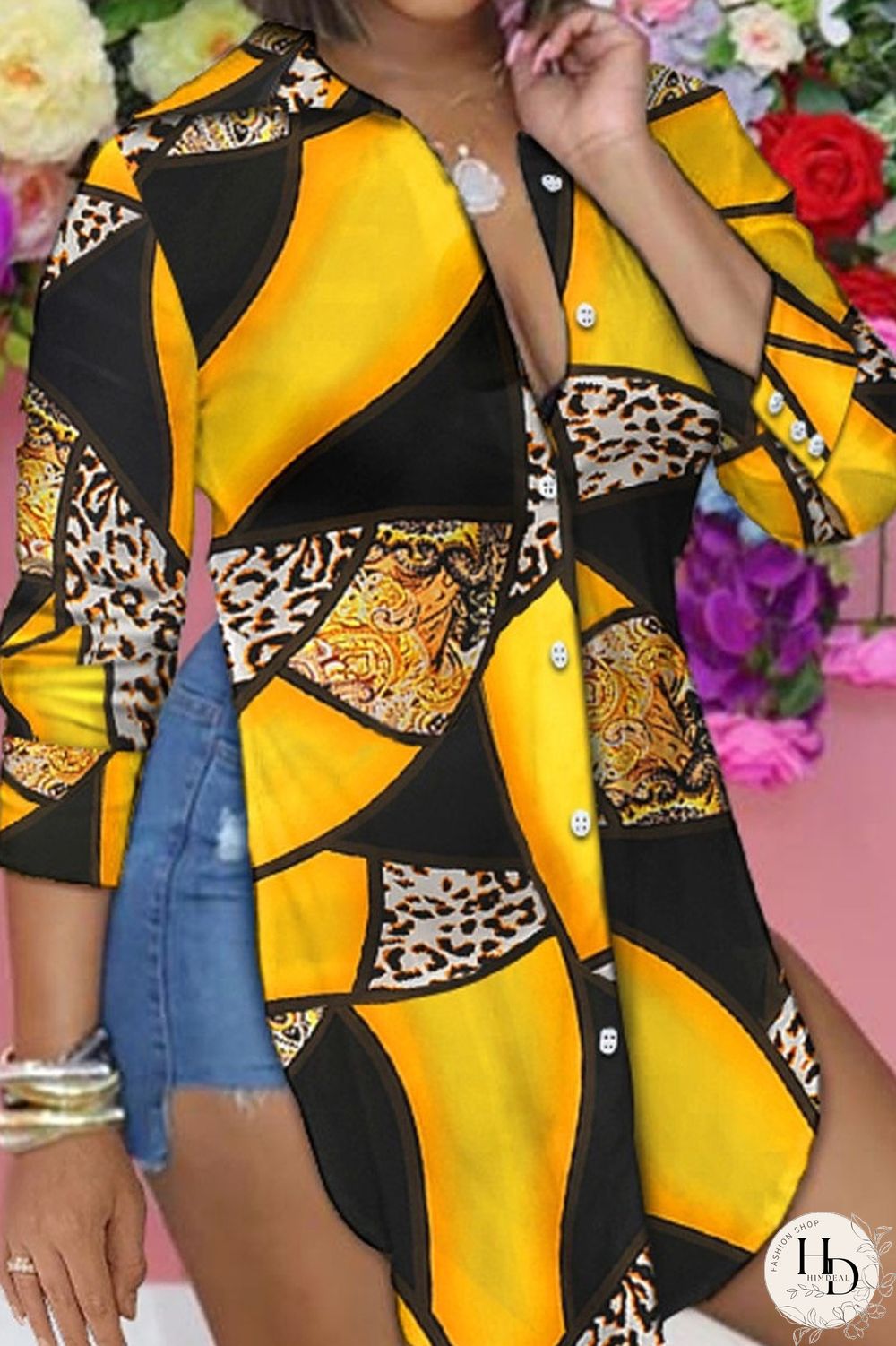 Black Pink Casual Print Patchwork Slit Turndown Collar Tops