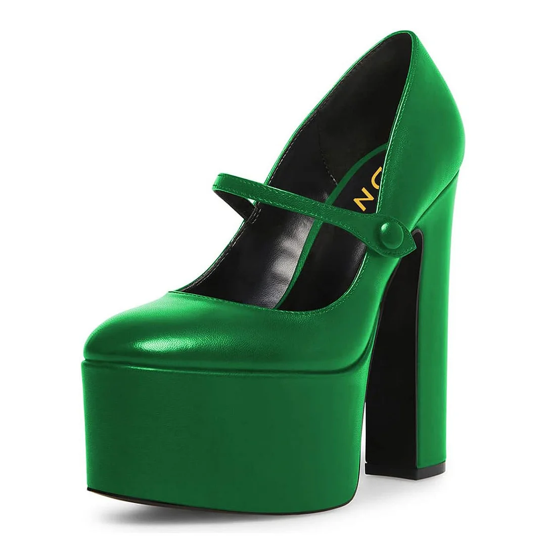 YDN Chic Green Round Toe Chunky High Heel Strap Platform Mary Janes
