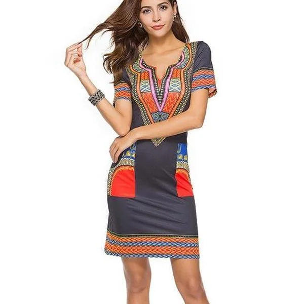 Sexy V Neck Pocket Patchwork Tunic Dress Robe African Print Dashiki Dresses