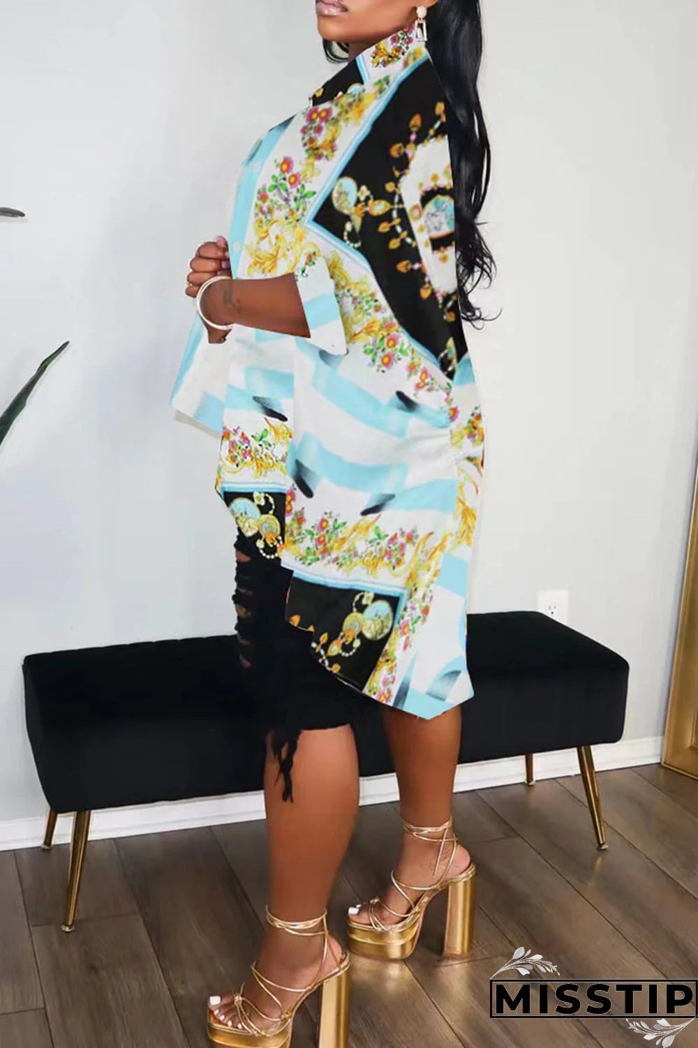 Gold Casual Print Patchwork Buckle Turndown Collar Tops