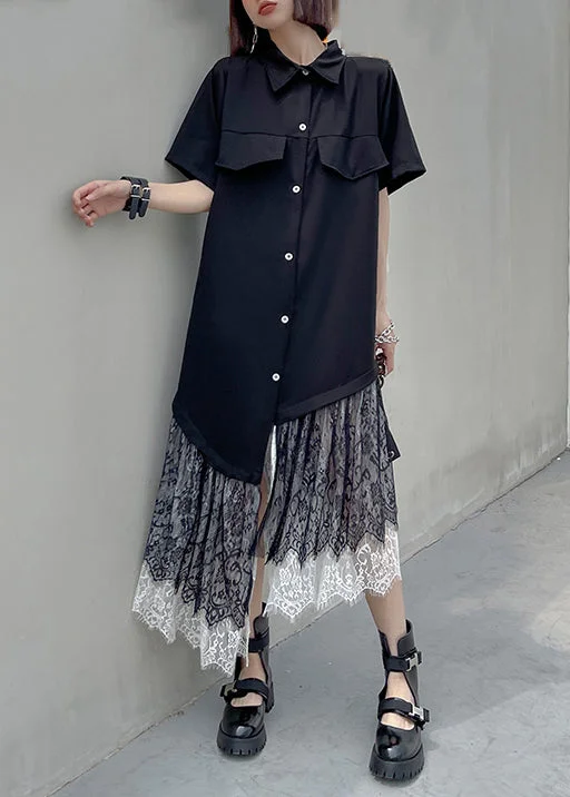 New Black Asymmetrical Button Lace Patchwork Shirts Long Dresses Summer