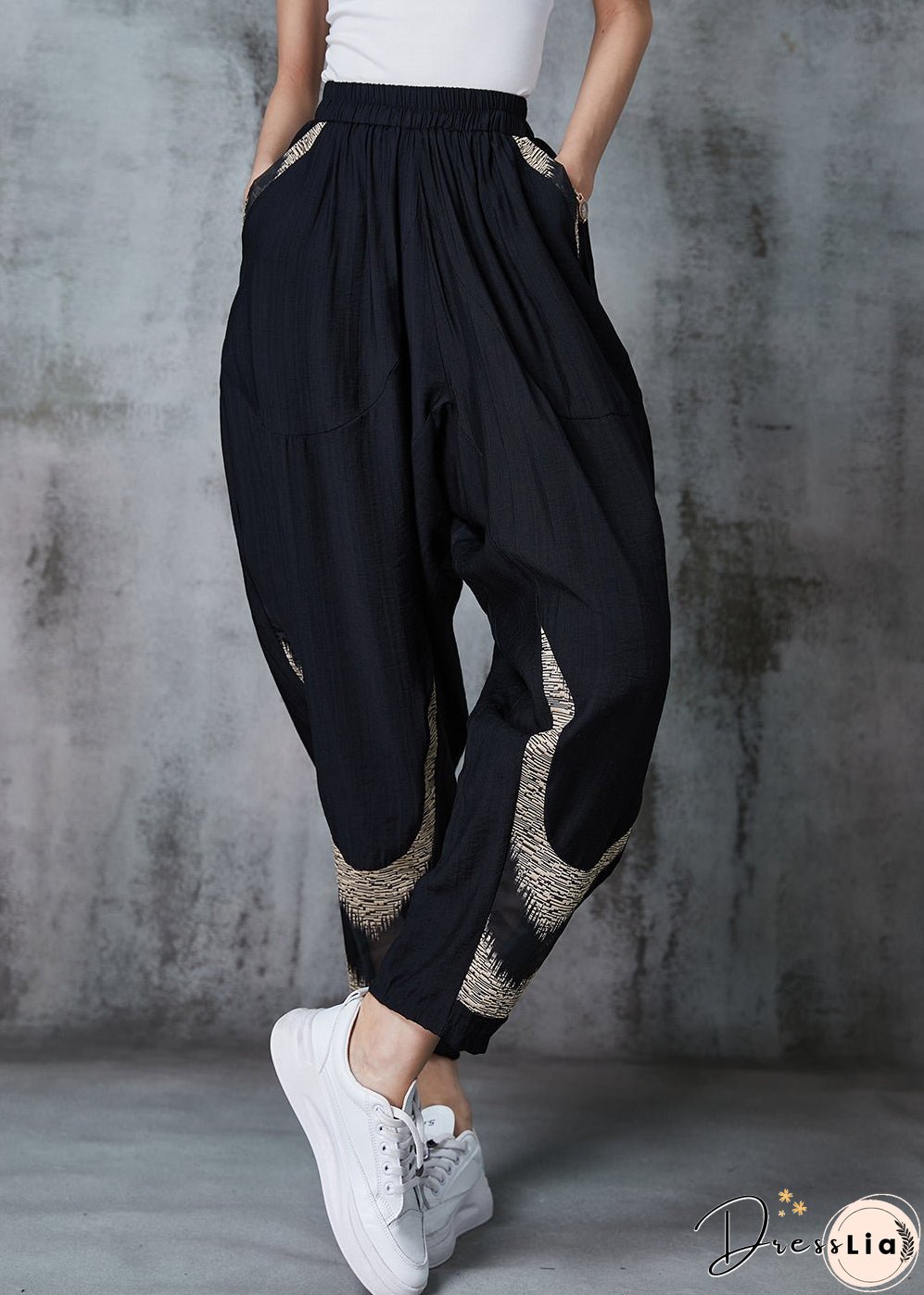 Khaki Tie Dye Cotton Harem Pants Oversized Pockets Spring