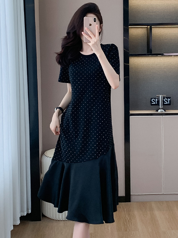 Shimmering Dots Short Sleeve Patchwork Midi Dress