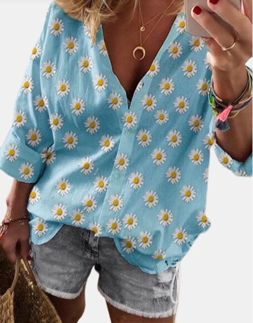 New Women's Daisy Flower Print Long Sleeve Casual Shirt Blouse