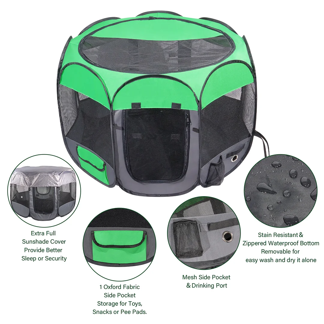 Upgraded Pet Dog Playpen for Small/Medium/Large Dogs Indoor/Outdoor, 600D Oxford Fabric Green Portable Cat Playpen Enclosed with Removable Zipper Top and Bottom（M）