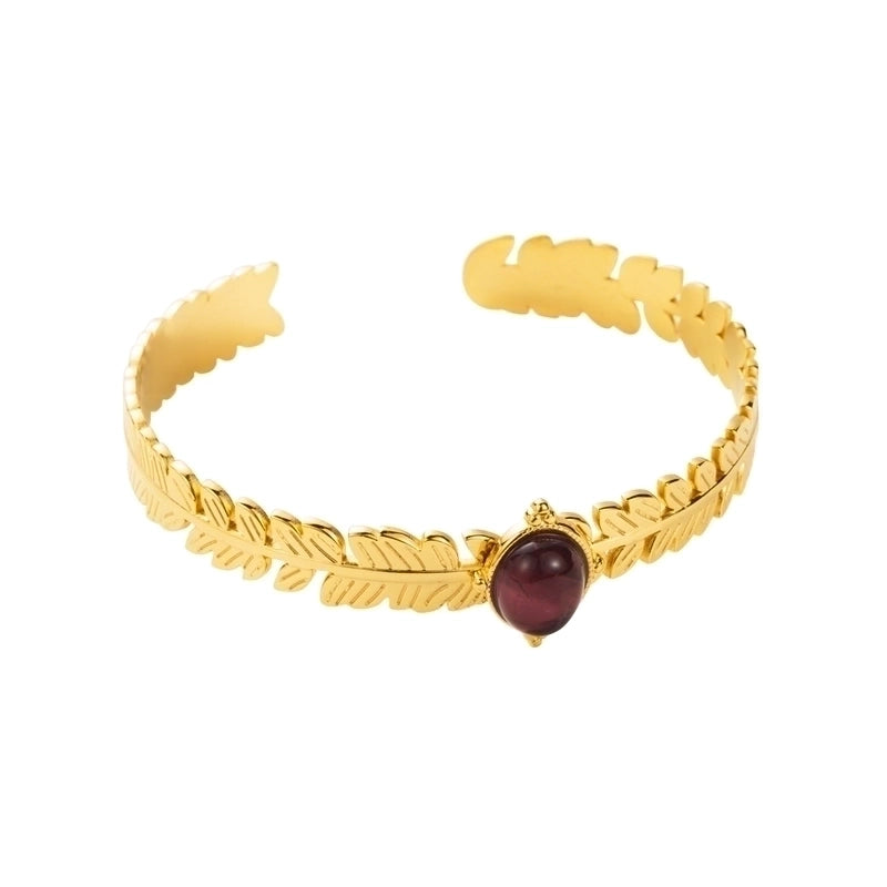 Modern Style Minimalist Leaf Round Stainless Steel Natural Stone Bangle In Bulk