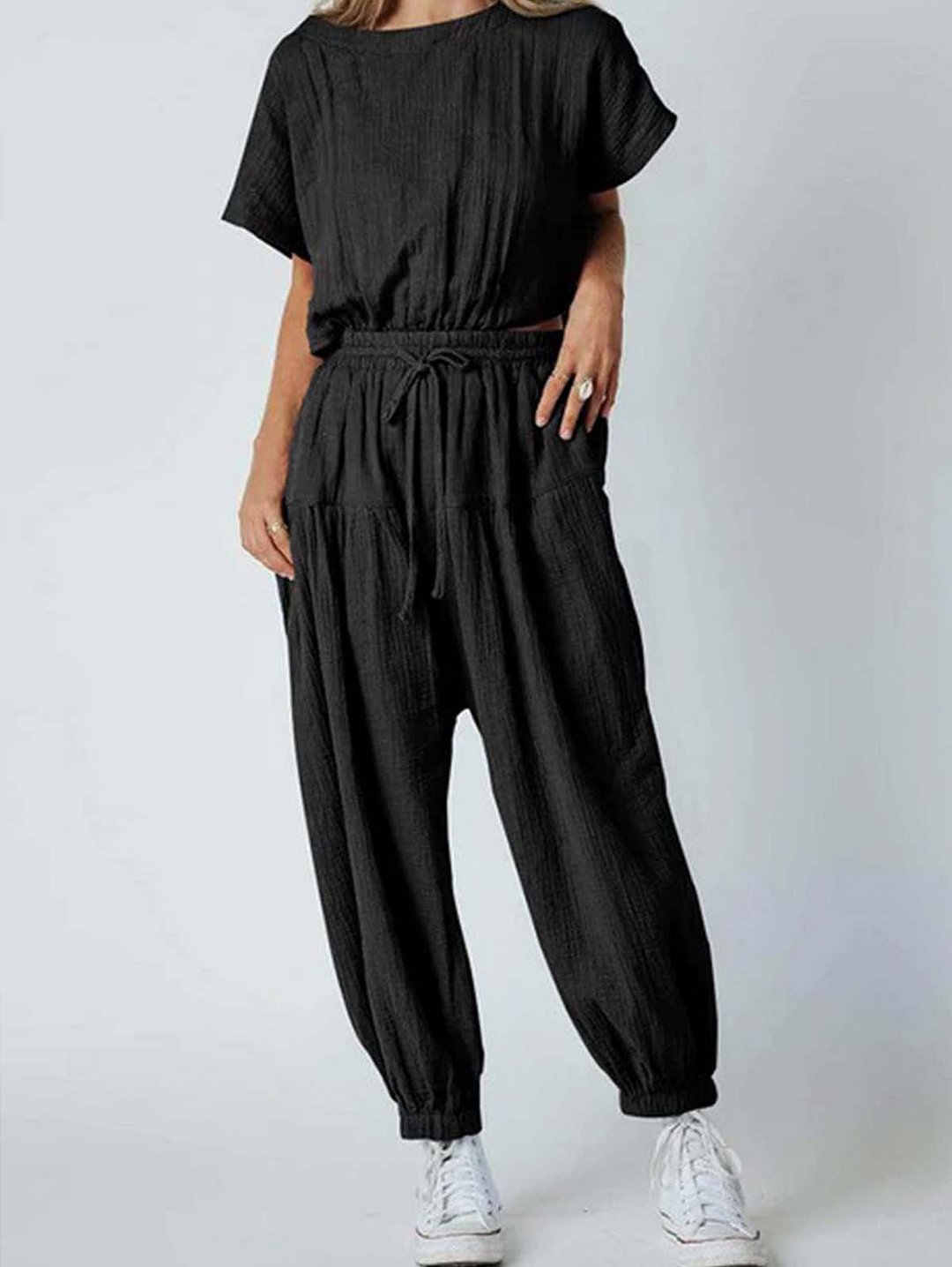Pleated Loose Button Slit Jumpsuit