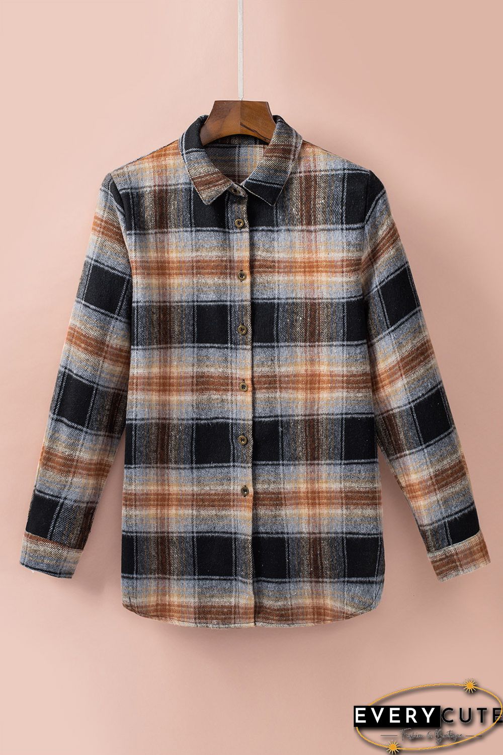 Oversize Rounded Hem Plaid Shirt with Slits