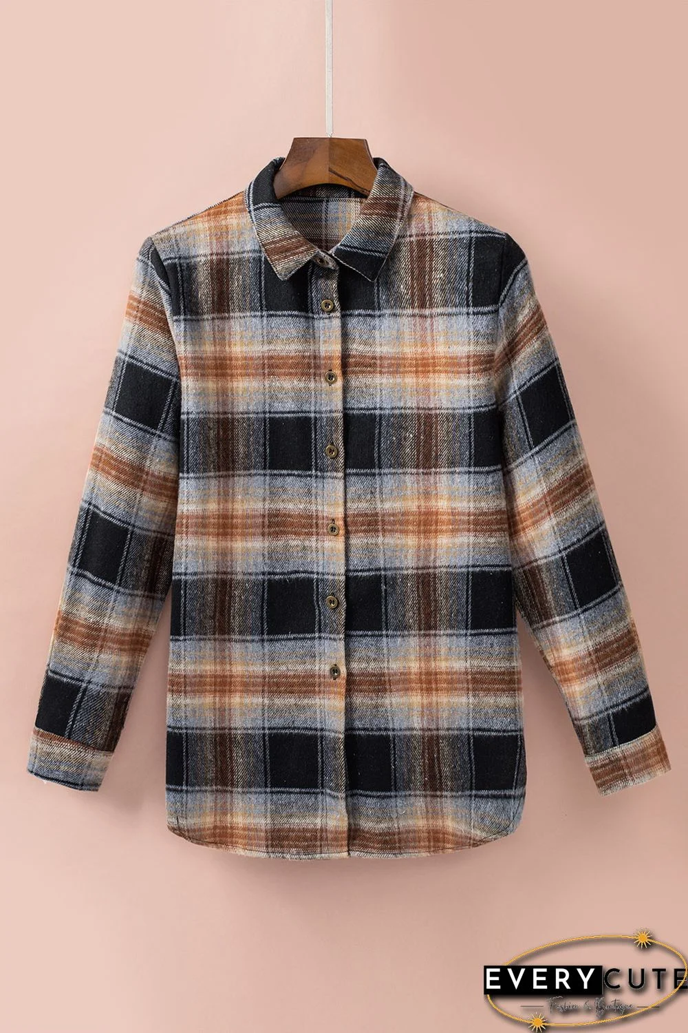 Oversize Rounded Hem Plaid Shirt with Slits