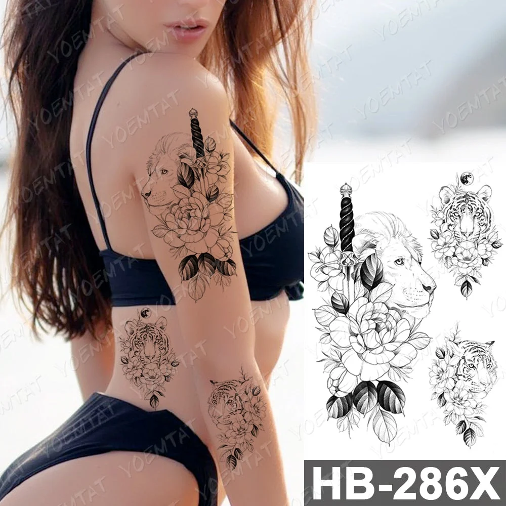 Waterproof Temporary Tattoo Wolf Lion Tiger Fierce Animal Clock Rose Owl terror Male Tatoo Body Glittering Art Woman fake tattoo