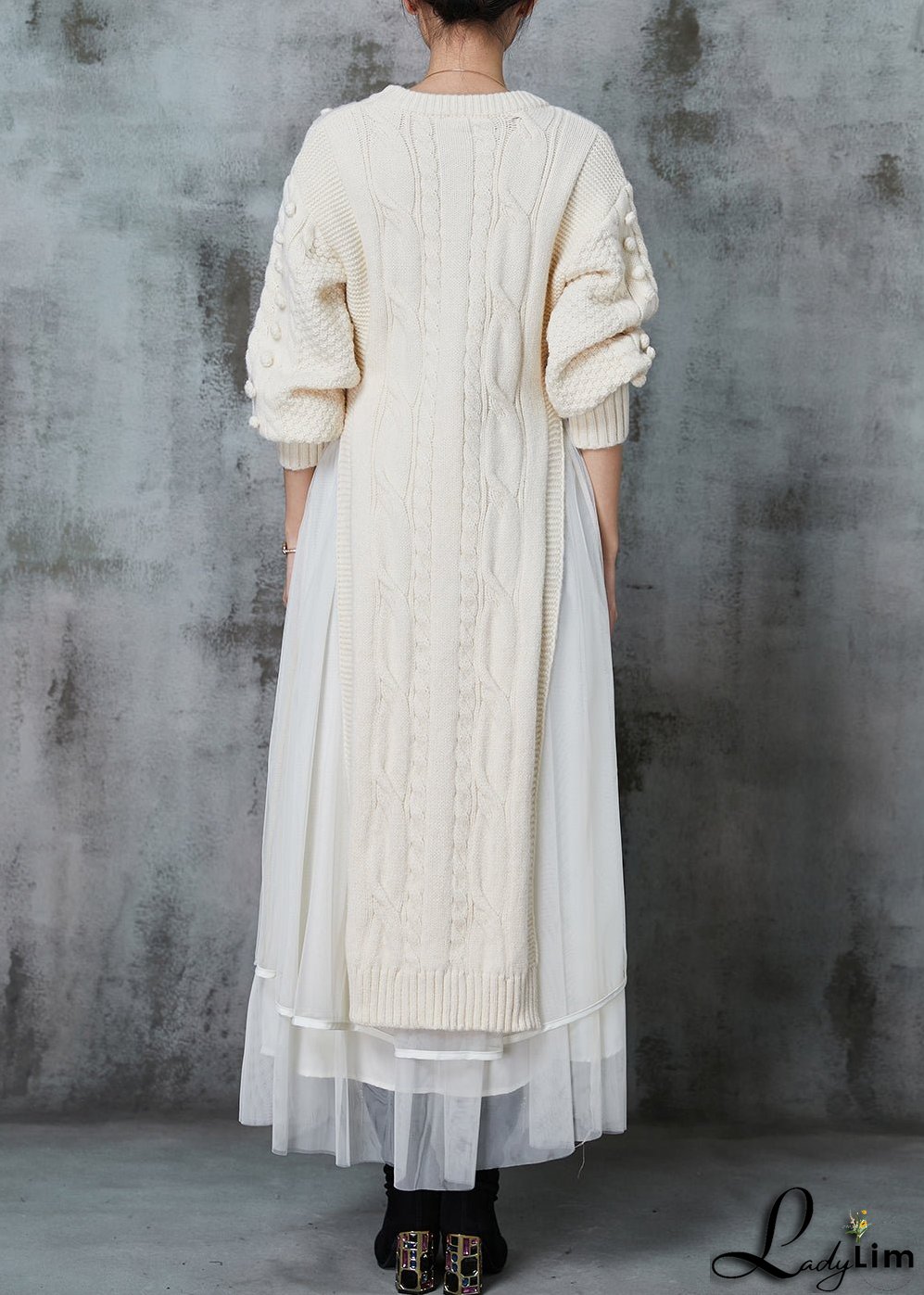 Apricot Silm Fit Knit Long Dress Two Pieces Set Side Open Spring