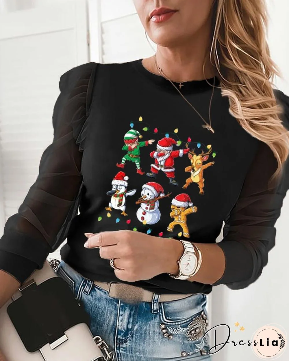 Christmas Santa Claus Print Puffed Sleeve Sheer Mesh Top