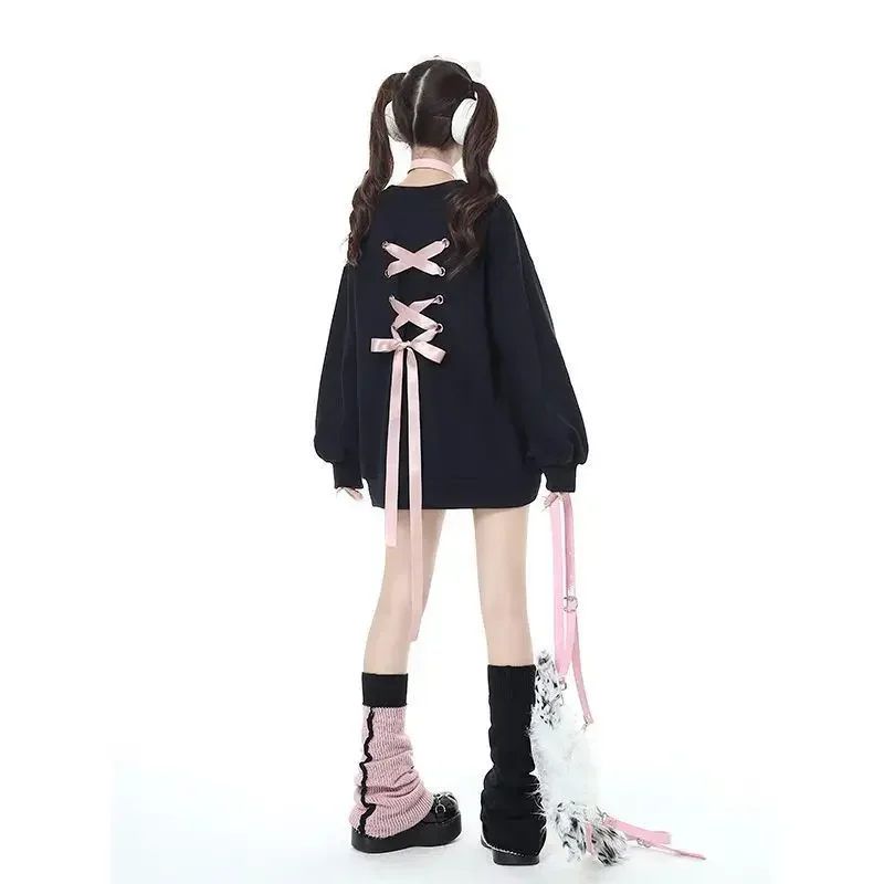 Skillofyz Y2K Kawaii Bow Lace up Love Embroider Designed Hoodies Women Long Sleeve Top Harajuku Sweatshirt Aesthetic Clothes