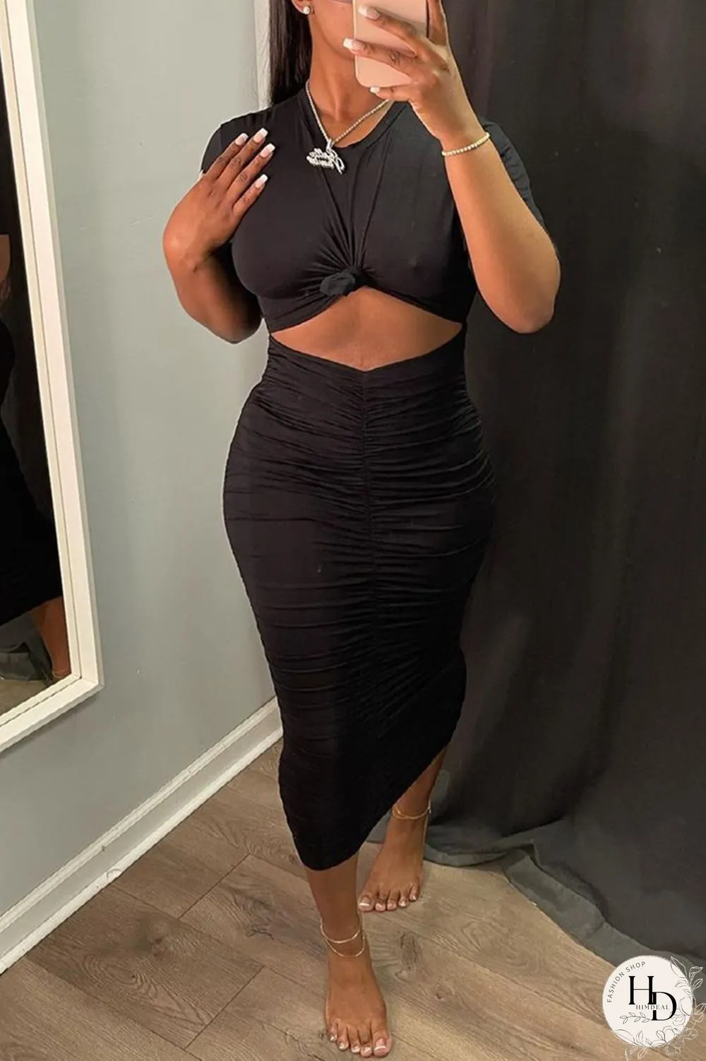 Orange Sexy Casual Solid Hollowed Out Fold O Neck Short Sleeve Dress