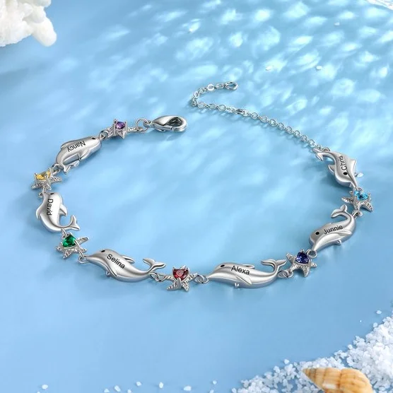 Delfín Pulsera 6 Nombres Personalizado con 6 Piedras de Nacimiento