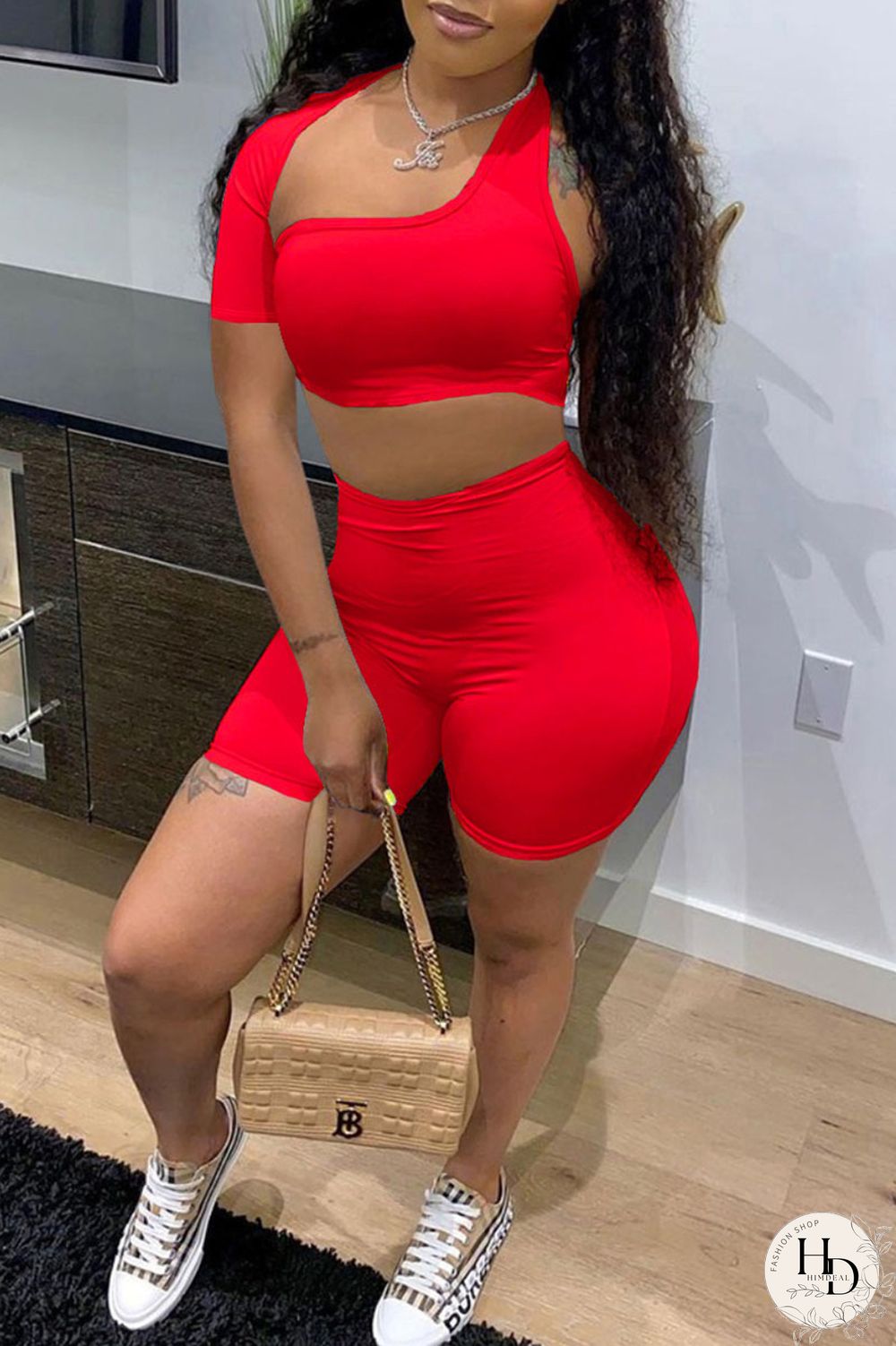 Blue Sexy Solid Hollowed Out Asymmetrical Collar Short Sleeve Two Pieces