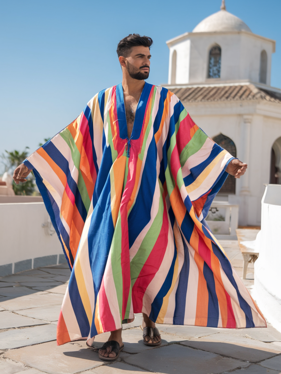 Men's Colorful Striped Polyester V Neck Robe