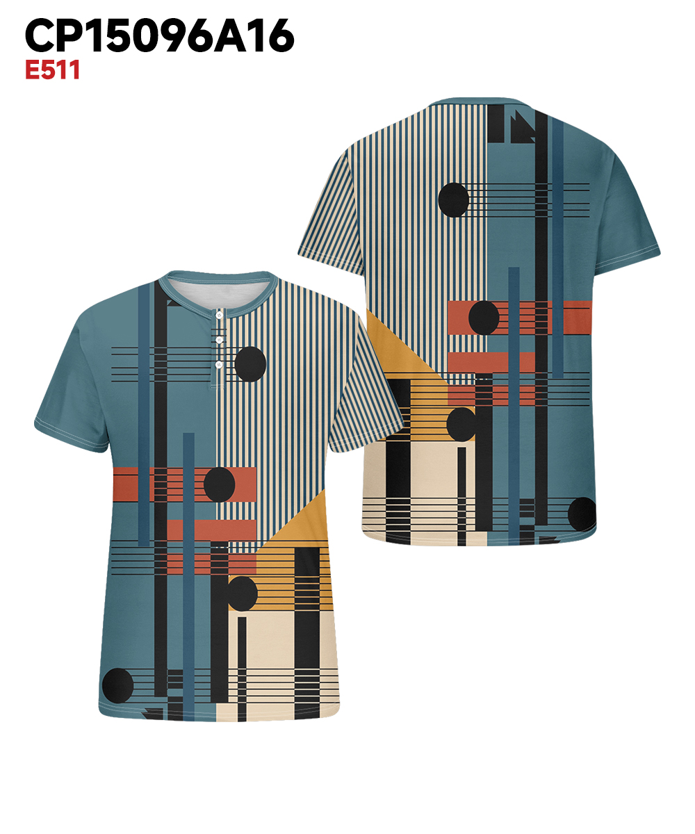 Big & Tall Men's Blue Colorblock Geometric Stripe Printed Henry Collar Button Short Sleeve Tee