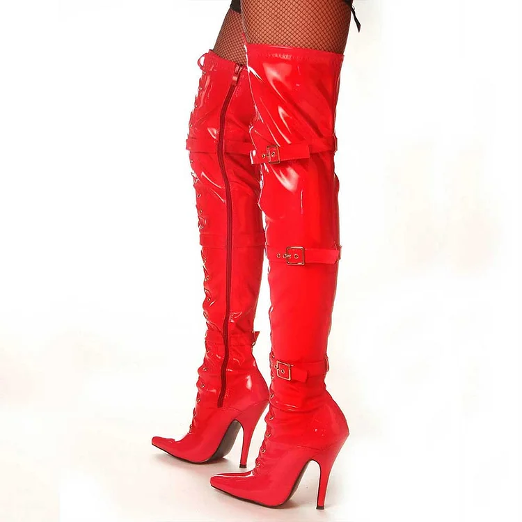 Red Patent Leather Pointed Toe Buckled Lace Up Sexy Thigh High Boots |FSJ Shoes