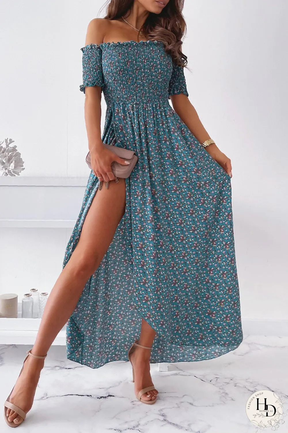 Elegant Floral Slit Fold Off the Shoulder Waist Skirt Dresses(5 Colors)