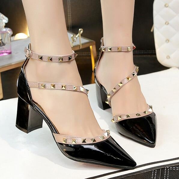 NEW Woman High Heels Shoes Ladies Sexy Pointed Toe Pumps Buckle Rivets Nude Heels Dress Wedding Shoes Dropshipping