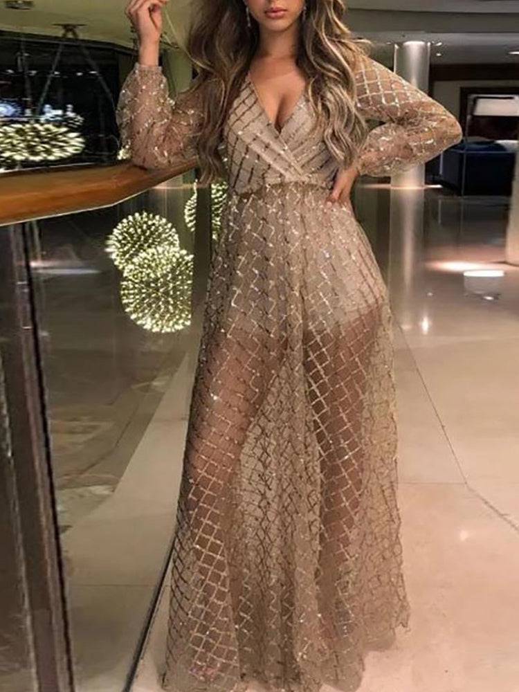 V Neck Sleeveless Open Back Knit Maxi Dress with Sequin main image 0
