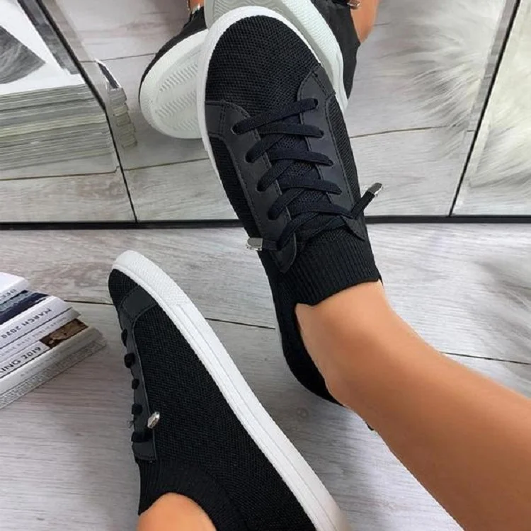 Qengg Women Shoes 2022 Zapatos Planos Breathable White Shoes Lace Up Casual Flats Women Mesh Sneakers Socofy Loafers Zapatillas Mujer