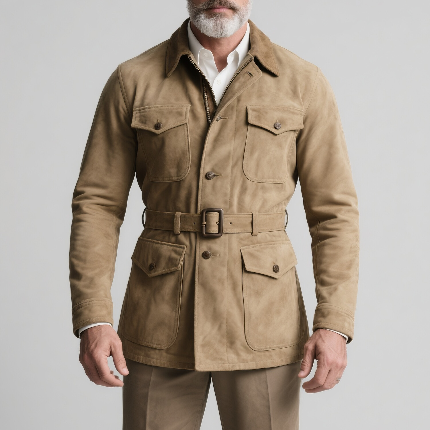 Men's Turndown Collar Single Breasted Long Sleeve Multi-Pocket Belt Suede Safari Jacket