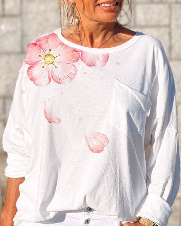 Casual Loose Sakura Print Long Sleeve Crewneck Top