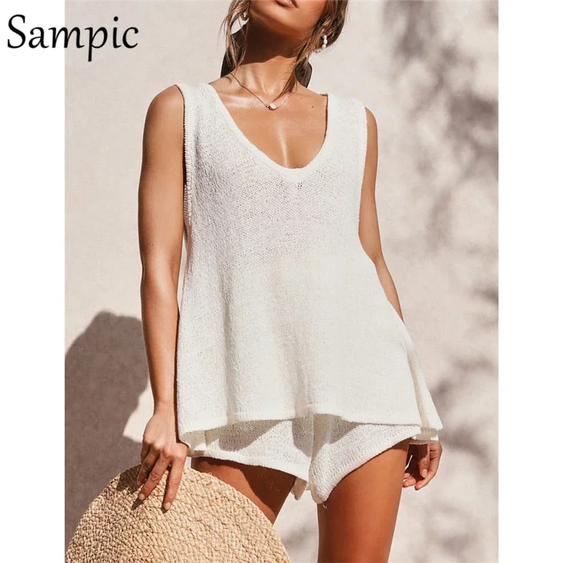 Sampic Summer Striped Beach Strap V Neck Two Piece Set Crop Top And Shorts Drawstring White 2 Piece Women Set Casual Outfits