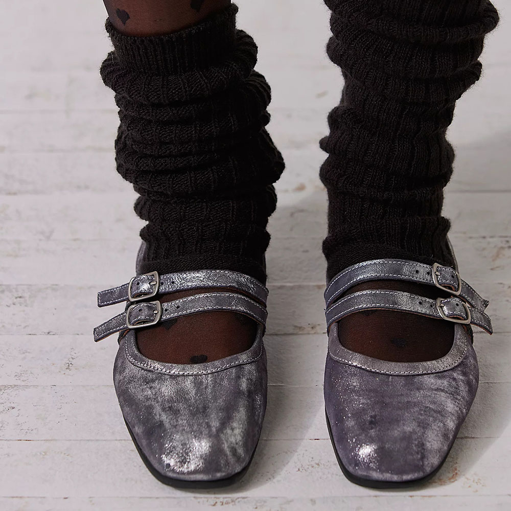 Silver Vegan Leather Square Toe Flat Buckle Strappy Ballet Shoes Nicepairs