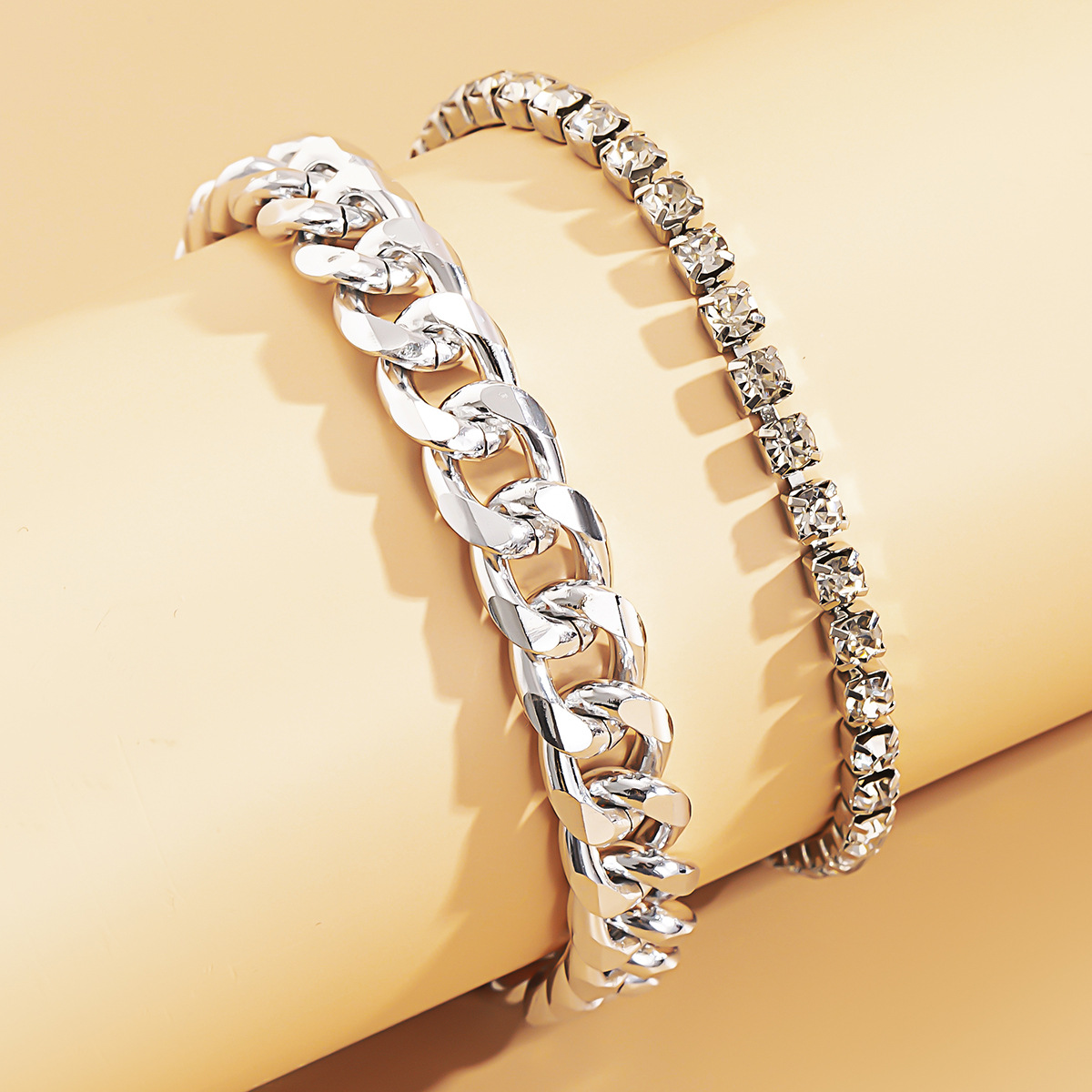 Hip Hop Trendy Metal Punk Geometric Double Layer Thick Chain Set Bracelet Anklet-vocosishoes