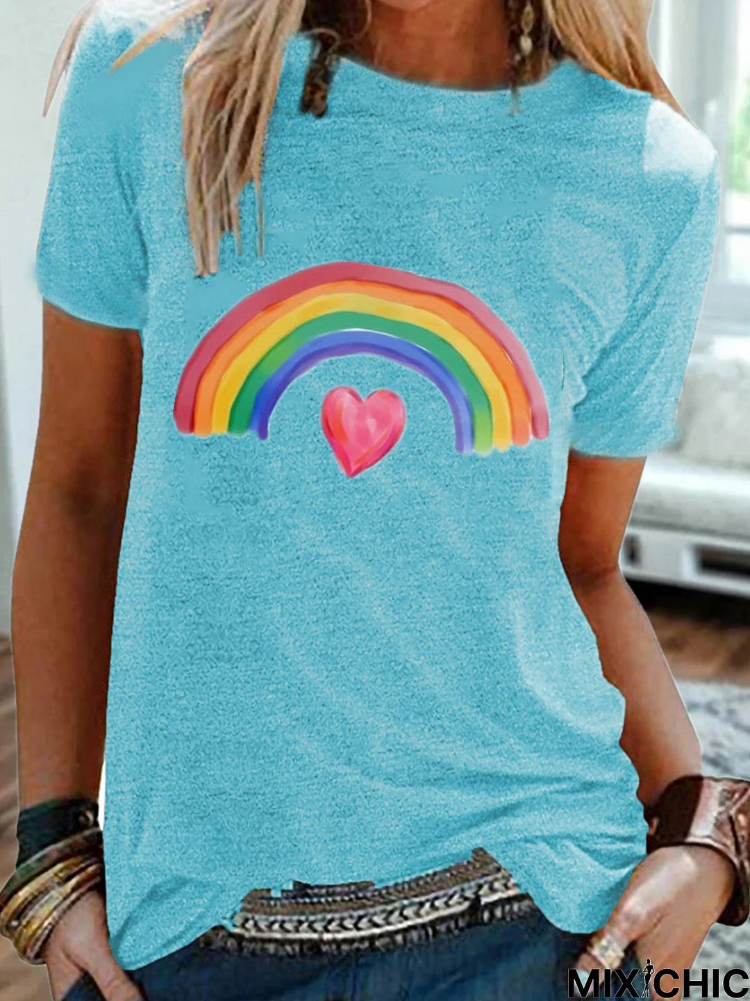 Vintage Short Sleeve Rainbow Heart Printed Crew Neck Plus Size Casual Tops