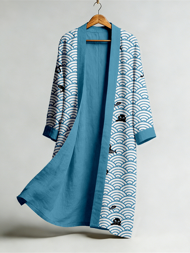 Vintage Japanese Waves & Cats  Art Flowy Linen Long Kimono  artssus